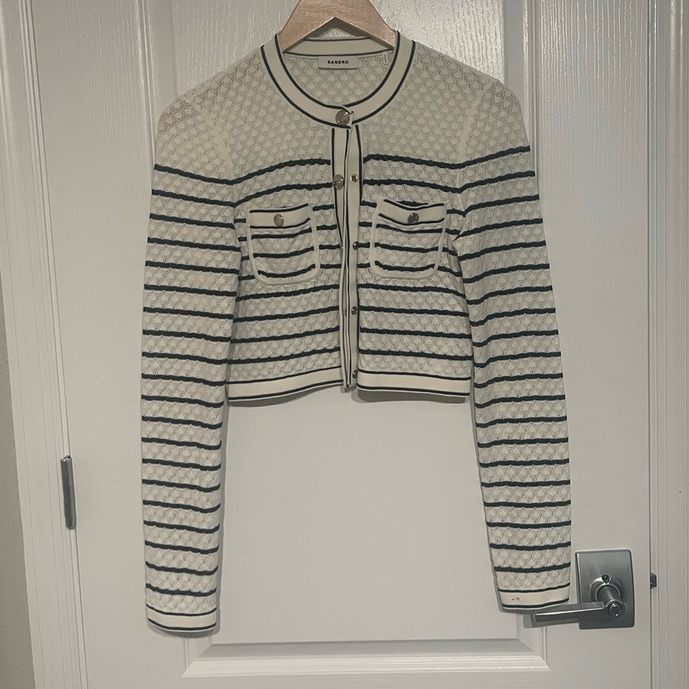 SANDRO Cropped White and Black Striped Cardigan Gold Hardware Buttons Sz 2 = Med - Picture 2 of 12